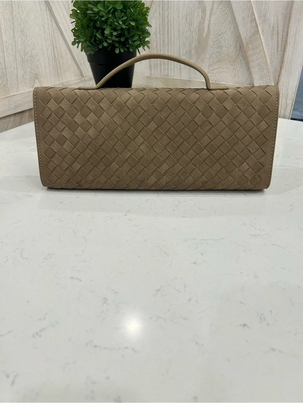 Taupe Woven Top-Handle Clutch